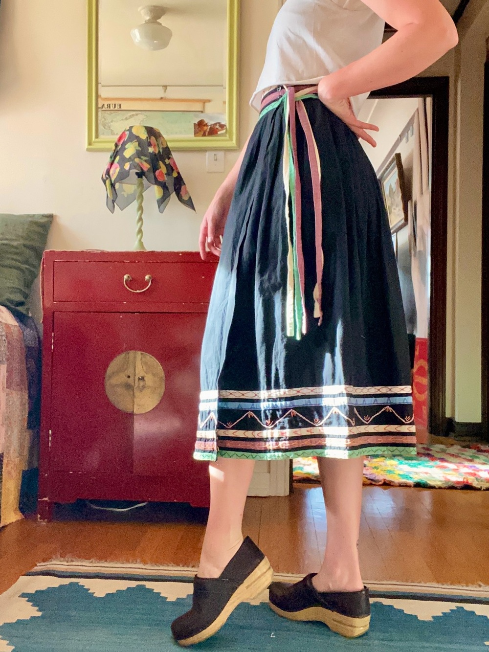 Vintage Black Midi Skirt with Colorful Trim